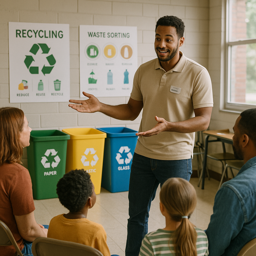 Diverse Group Learning about Recycling A diverse group of people, including children and adults, learning about recycling at a community center with colorful bins and educational posters visible.