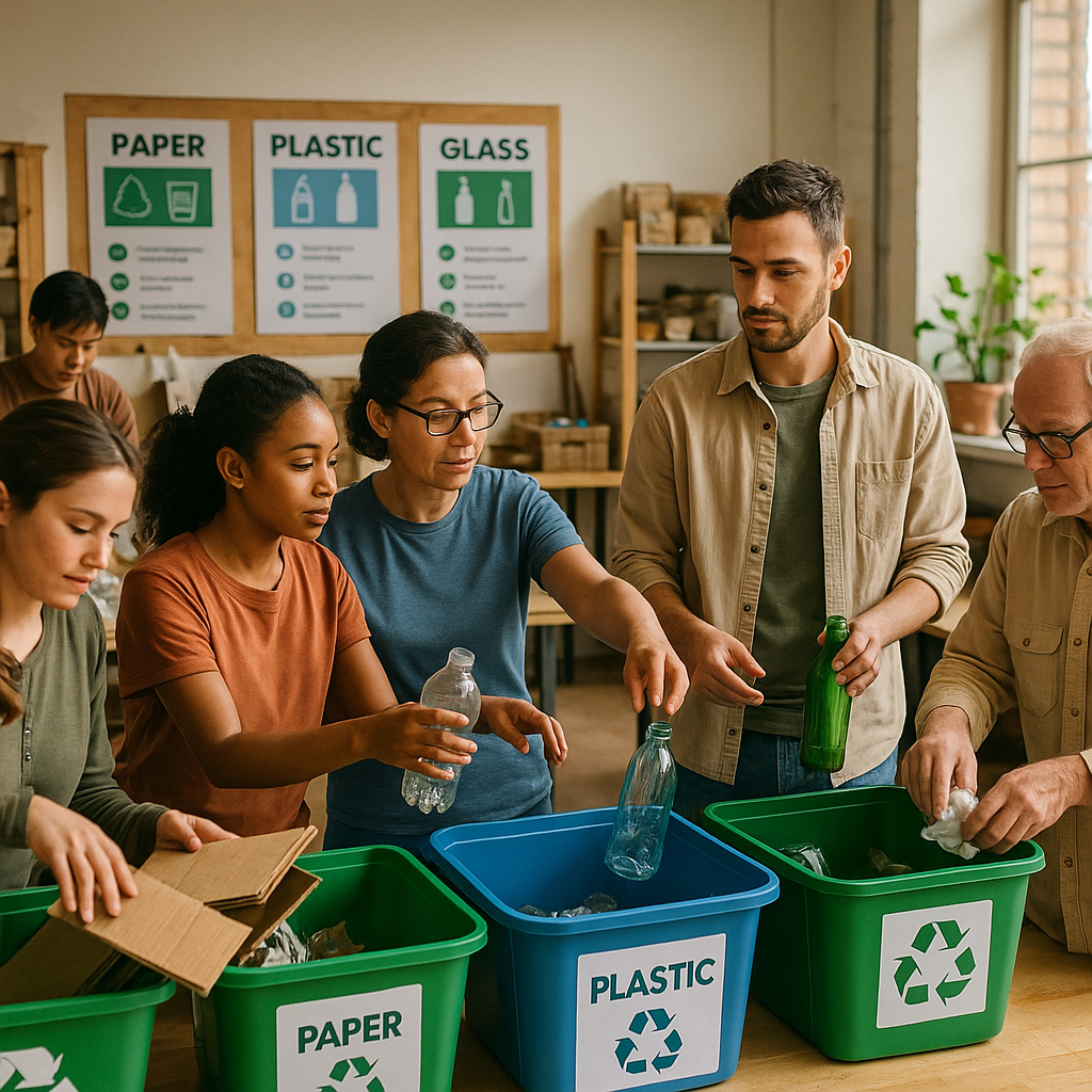 Community Workshop on Recycling Techniques People participating in hands-on recycling activities, sorting materials into labeled bins, with an instructor demonstrating proper techniques.