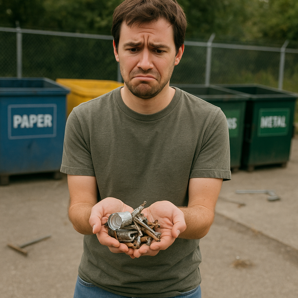 Confused Person at Recycling Center Confused person holding mixed metal scraps in a recycling center with separate bins in the background.