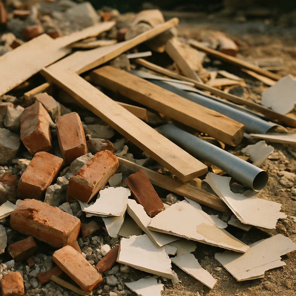 Close-up of various construction debris piles, including broken bricks, wood planks, metal pipes, and drywall scraps at a job site.