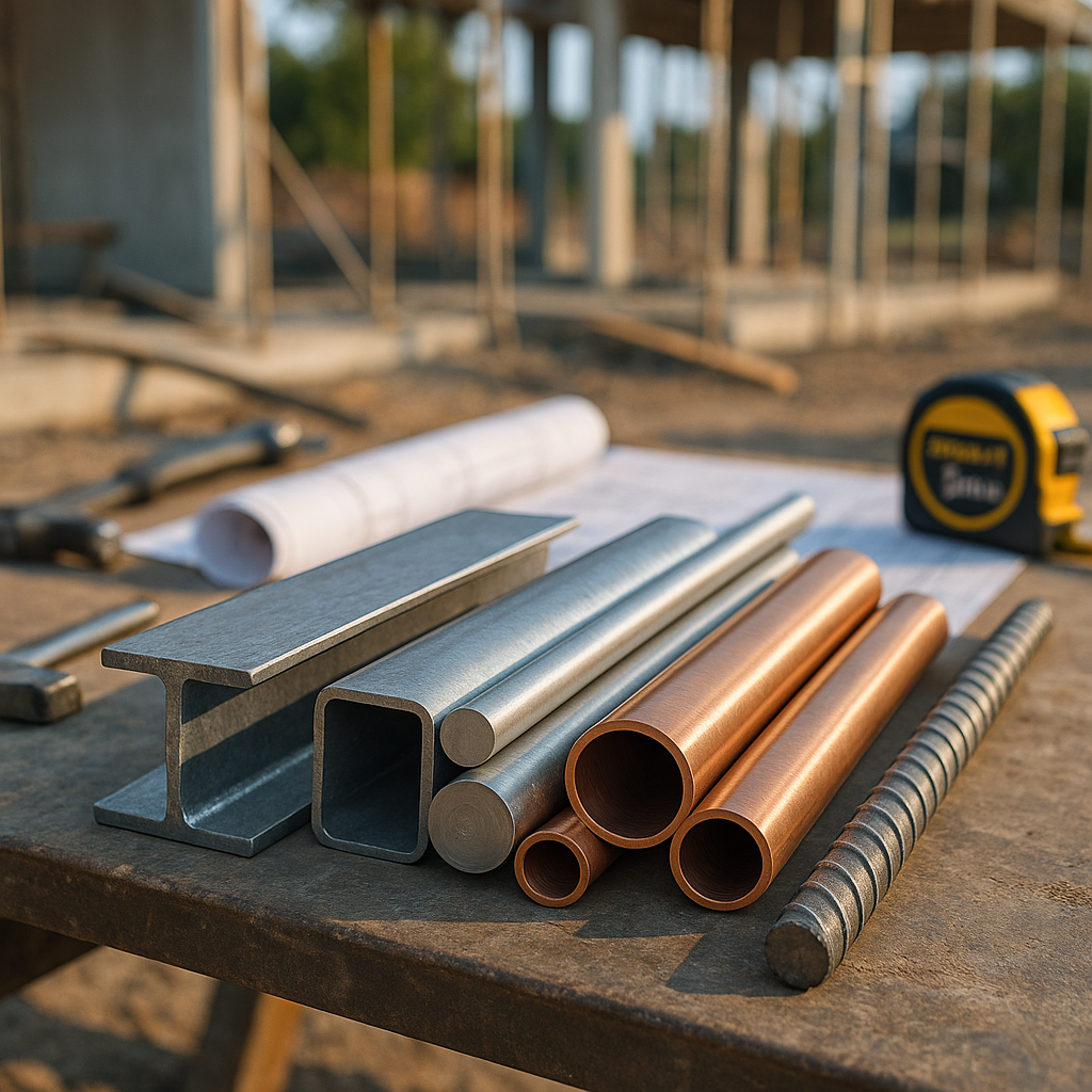 Construction Metal Samples on Workbench A variety of construction metal samples including steel beams, aluminum rods, copper pipes, and rebar displayed on a workbench at a construction site, illuminated by natural daylight.