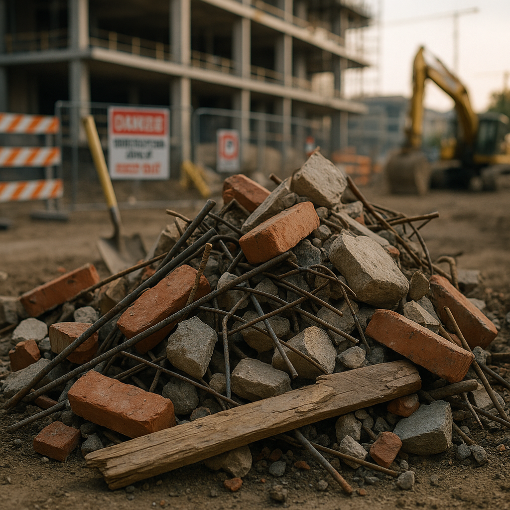 Assorted Construction Debris A pile of assorted construction debris including bricks, metal rebar, broken wood, and concrete chunks on a building site.