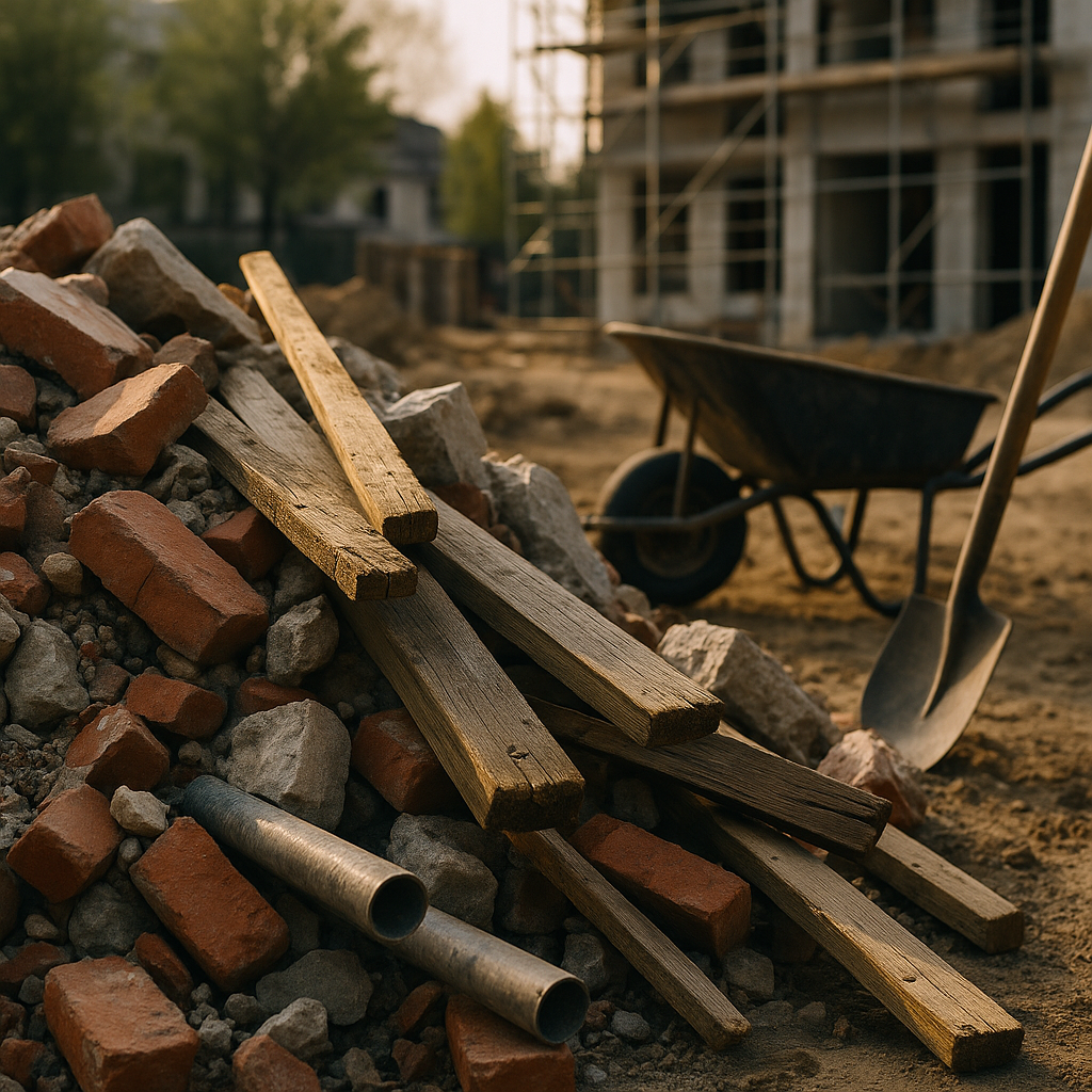 Close-up of Construction Debris Close-up of a construction debris pile including bricks, wood planks, metal pipes, and concrete chunks at a building site.