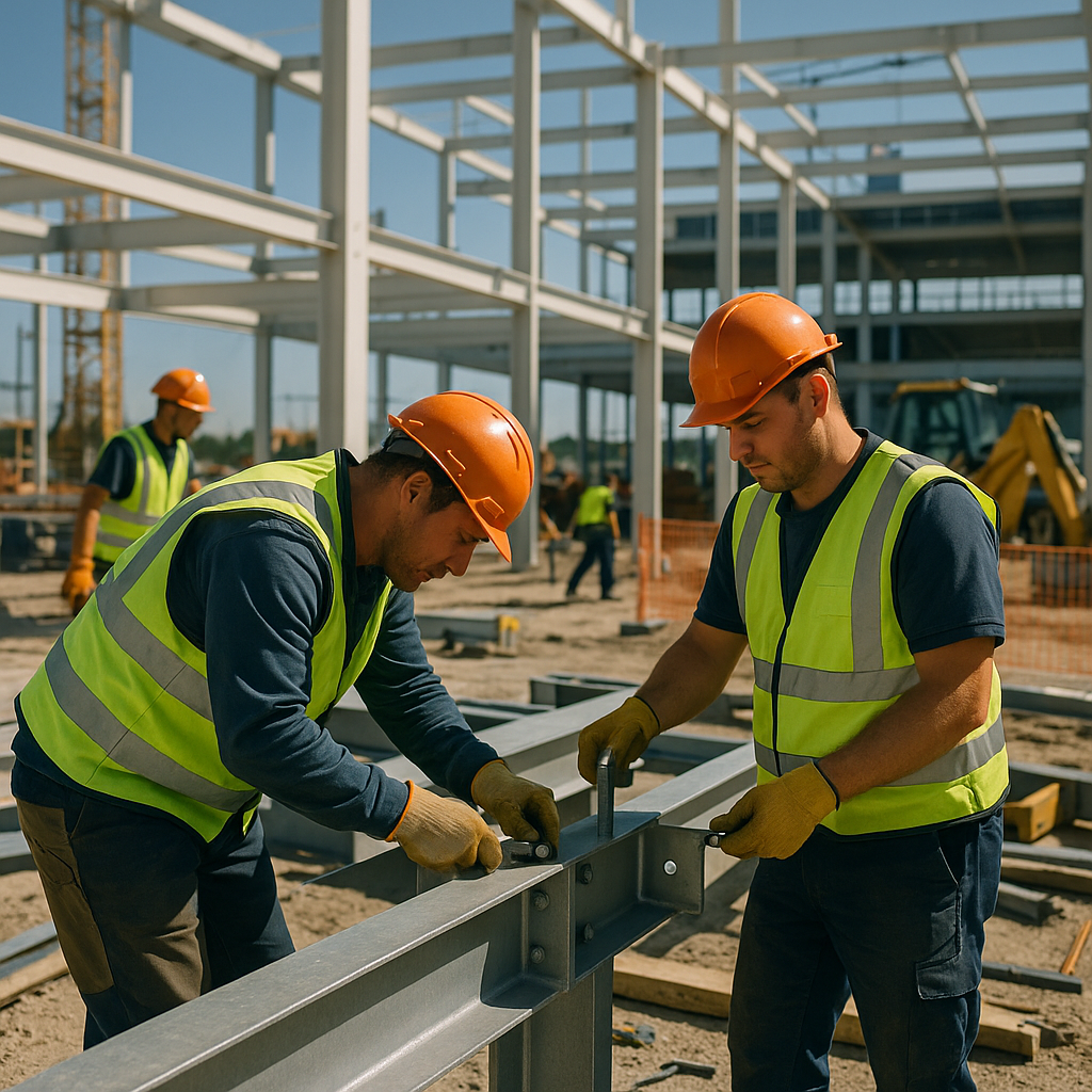 Assembling Steel Beams at Construction Site Construction site with steel beams being assembled by workers in safety gear under a clear sky.