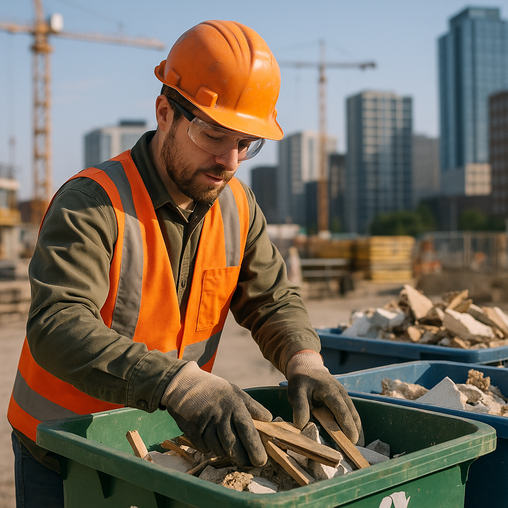 Construction Worker Sorting Debris Construction site worker sorting building debris into recycling bins in an urban setting under a clear sky
