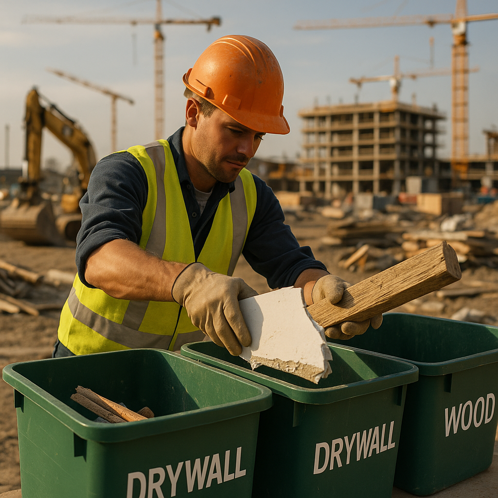 Construction Worker Recycling Materials A construction worker placing scrap drywall and wood into labeled recycling bins at a busy building site with a clear sky and urban background.