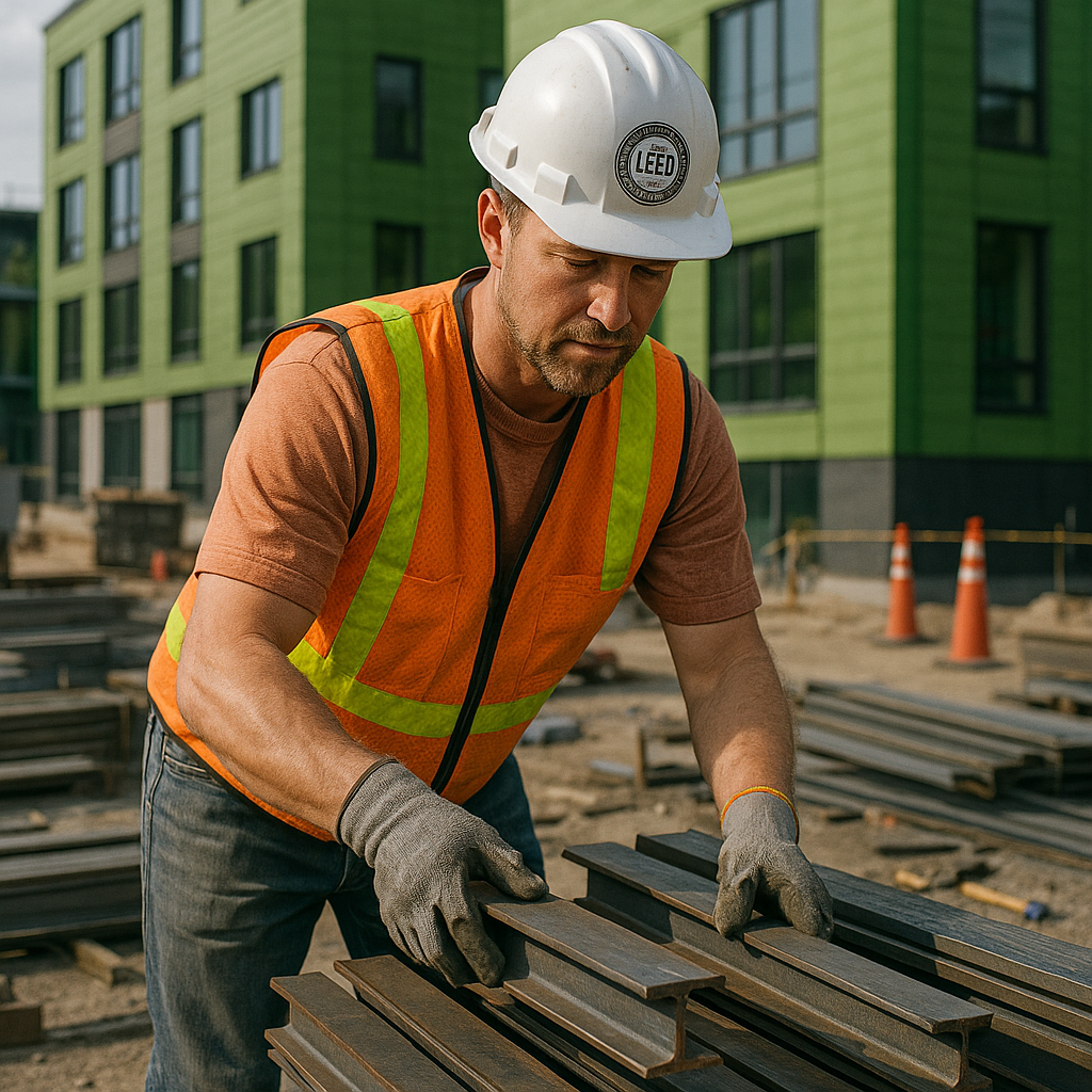Construction Worker Sorting Steel Beams with LEED Logo Construction worker sorting steel beams with LEED certification logo visible on hard hat, green building in background