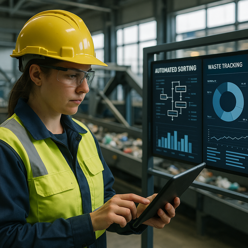 Construction Worker Monitoring Automated Machinery Construction worker using a tablet to monitor automated sorting machinery and waste tracking screens in a modern industrial facility.