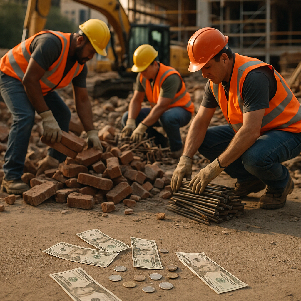 Construction Workers and Reusable Materials at Building Site Construction workers sorting reusable bricks and metal from a debris pile at a building site with money bills and coins in the foreground under a clear sky.