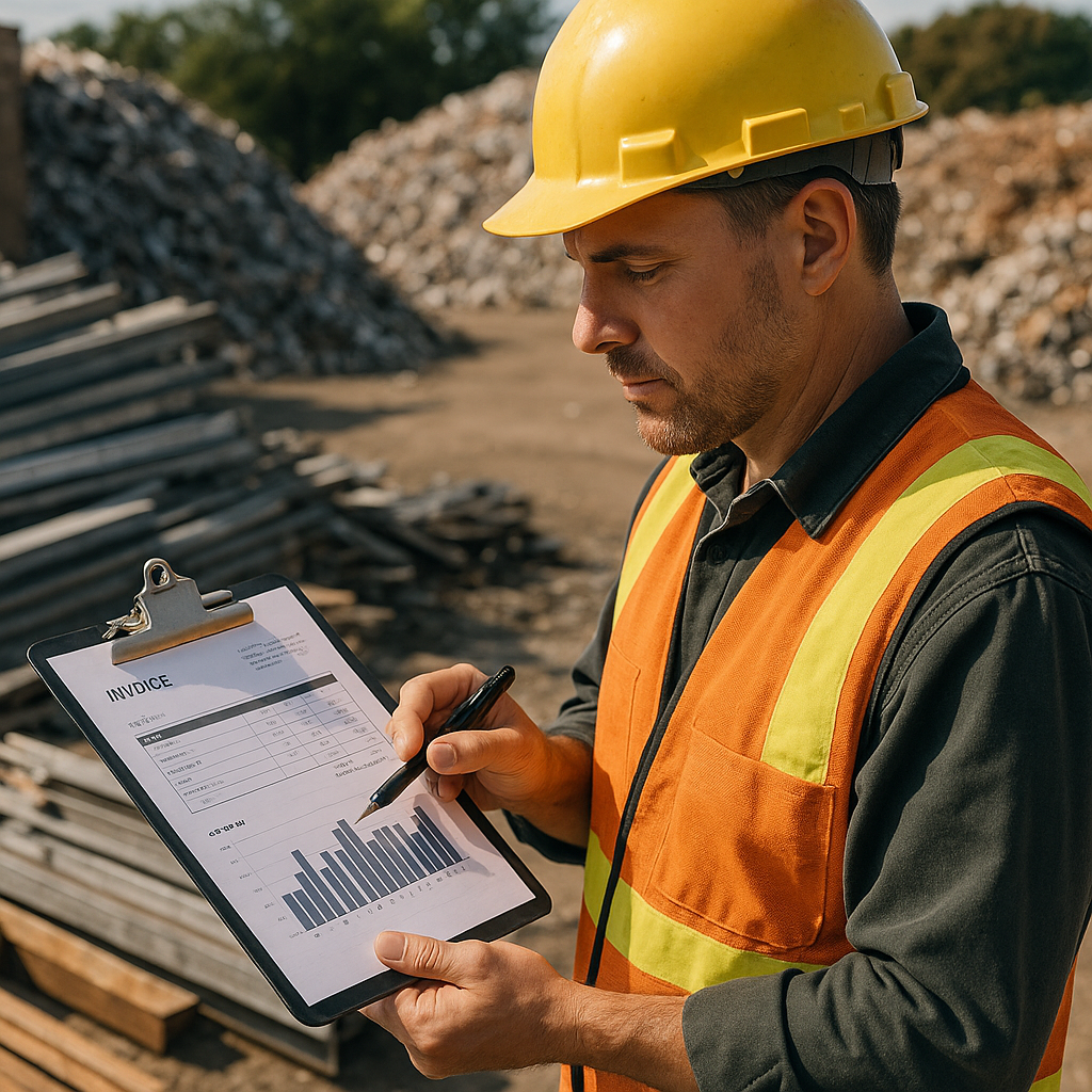 Contractor Reviewing Invoices at Recycling Facility Close-up of contractor reviewing invoices and cost charts on clipboard at recycling facility with sorted construction materials nearby.