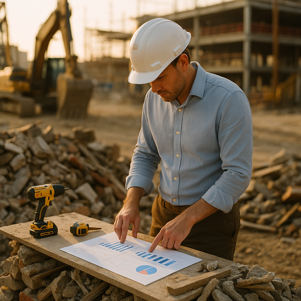 Contractor Reviewing Financial Charts Contractor reviewing financial charts beside recycled building materials and cost-saving equipment at a construction site