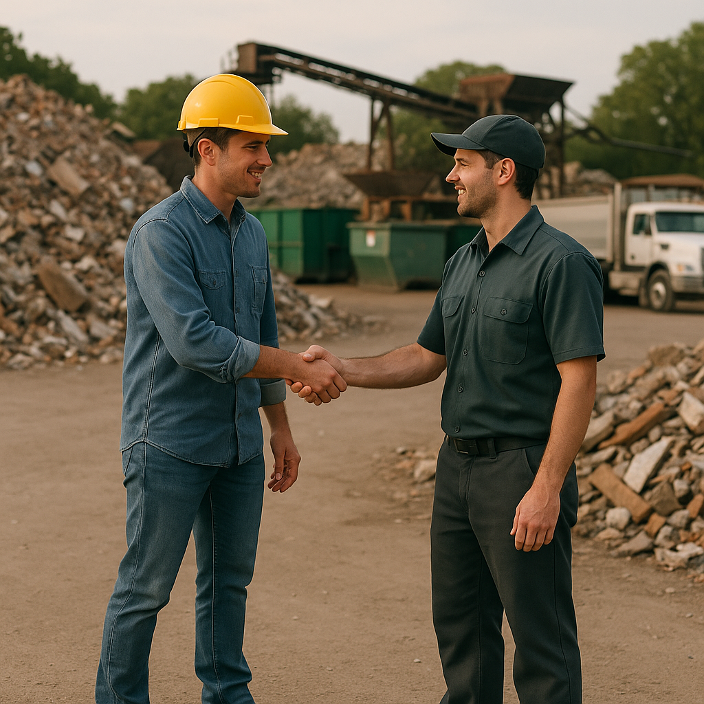 Collaboration in Construction Recycling Collaboration between contractors and recycling plant staff shaking hands near sorted construction debris and trucks in an industrial setting.