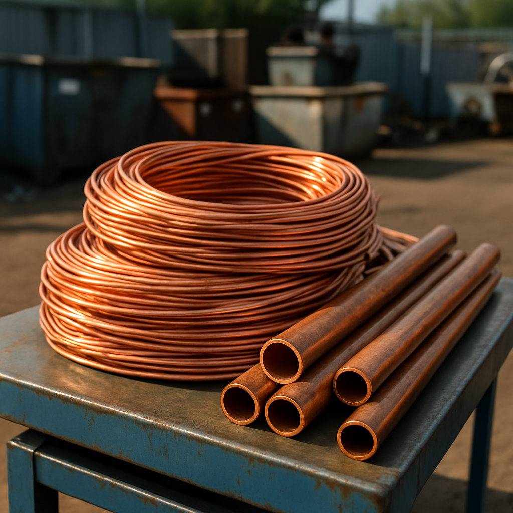 Close-up of bright copper wire coils and tubing pieces in a recycling yard setting under natural lighting.