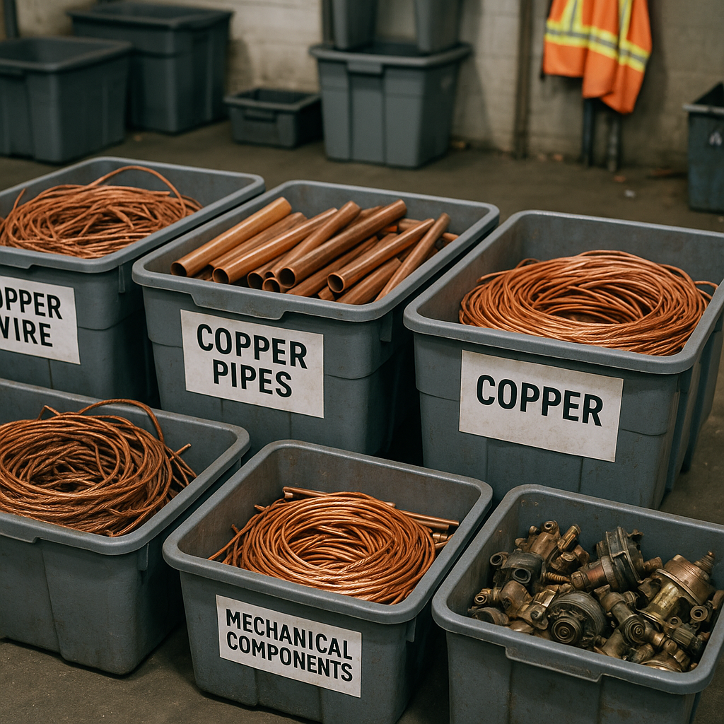 Sorted Copper Wires and Components at Recycling Facility Various copper wires, pipes, and components sorted into labeled bins at a recycling facility with bright lighting