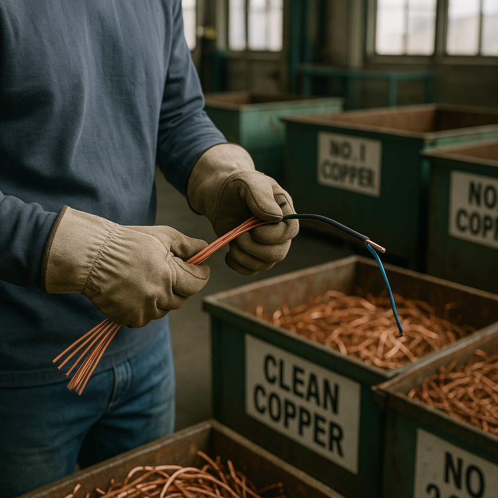 Copper Recycling Process Person carefully separating clean copper from insulated wires in a recycling facility with labeled bins for different copper grades in the background.