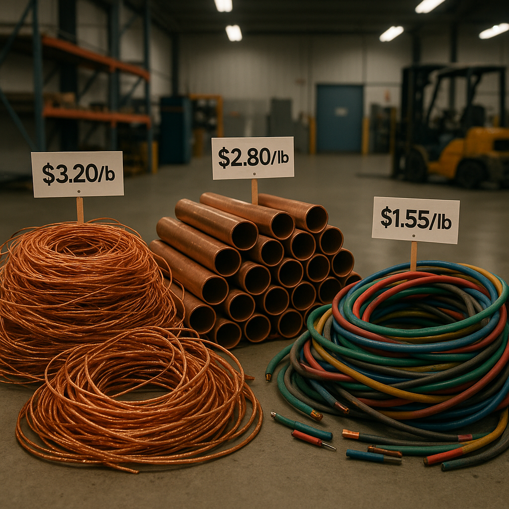 Piles of Copper Scrap in Warehouse Various piles of copper scrap types including bare bright wire, copper pipes, and insulated wires, sorted on a warehouse floor, labeled with price tags.
