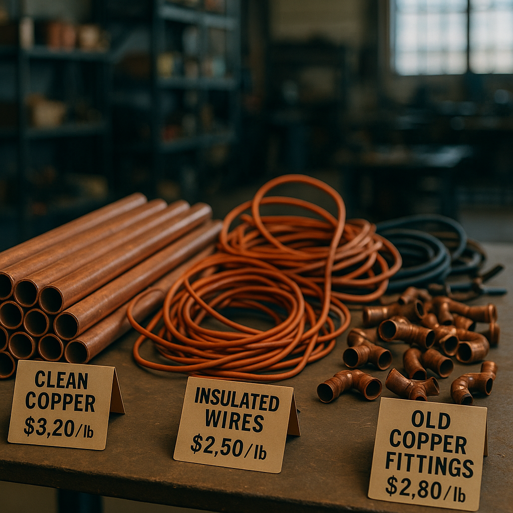 Copper Scrap Types Collection Various types of copper scrap, including clean copper pipes, insulated wires, and old copper fittings, on a sorting table with price tags in a warehouse.