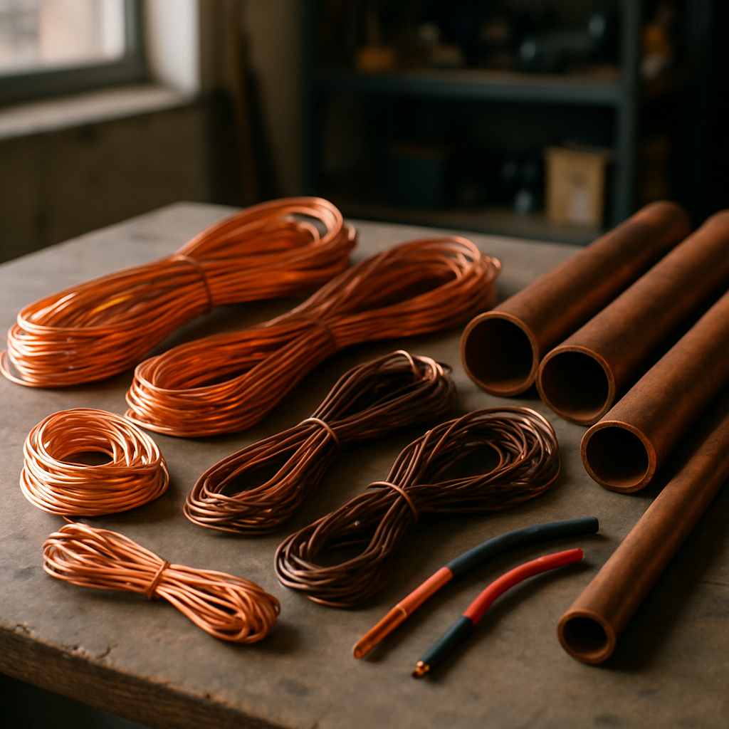 Assortment of Copper Wires and Pipes Assortment of copper wires and pipes arranged on a workbench, showcasing different grades from shiny clean copper to tarnished and insulated pieces.