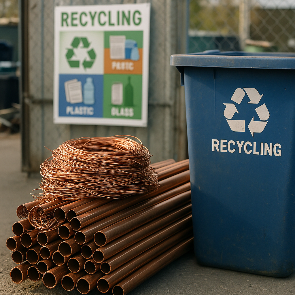 Copper Wires and Pipes Recycling Pile of shiny copper wires and pipes next to a recycling bin with an educational poster in the background