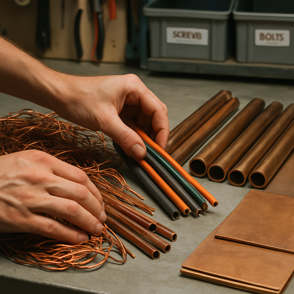 Sorting Copper Wires and Materials Close-up of hands sorting copper wires, pipes, and sheets separated by color, cleanliness, and insulation under bright workshop lighting.