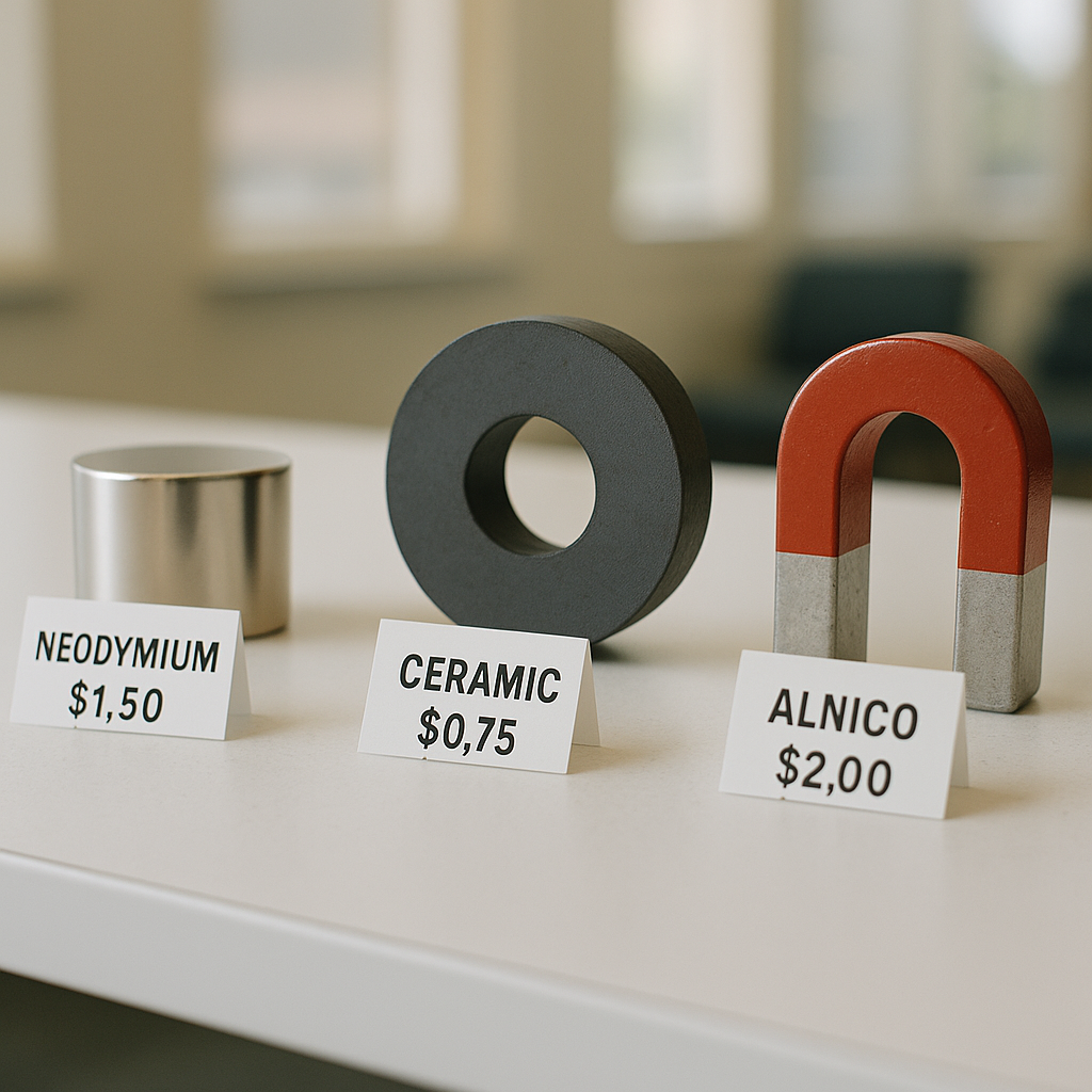 Close-up of Different Types of Magnets Close-up of various magnets including neodymium, ceramic, and alnico on a white table with price tags under bright studio lighting.