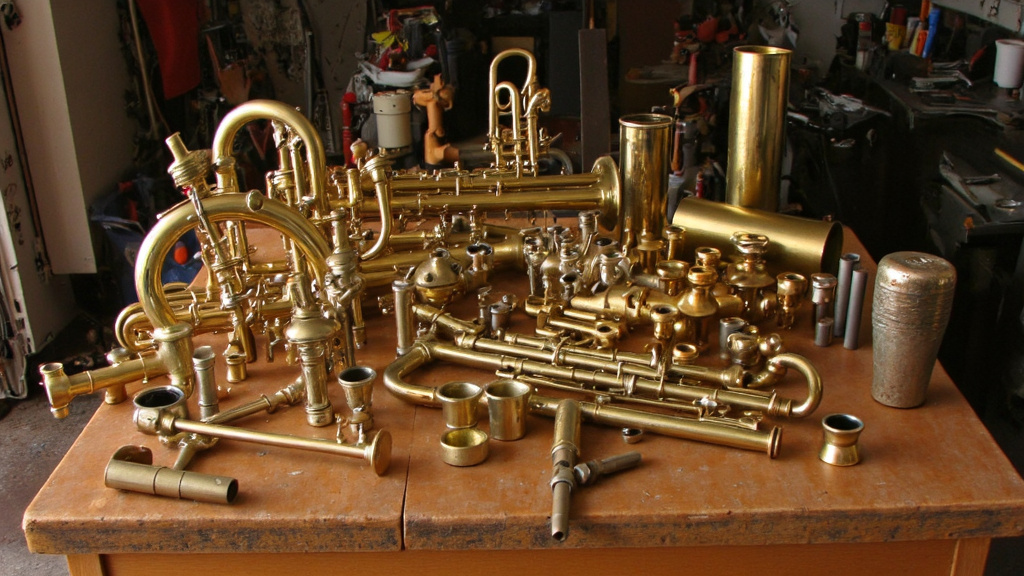 Diverse Brass Objects Arrangement A diverse collection of brass objects including pipes, instruments, and fixtures arranged neatly on a wooden table.