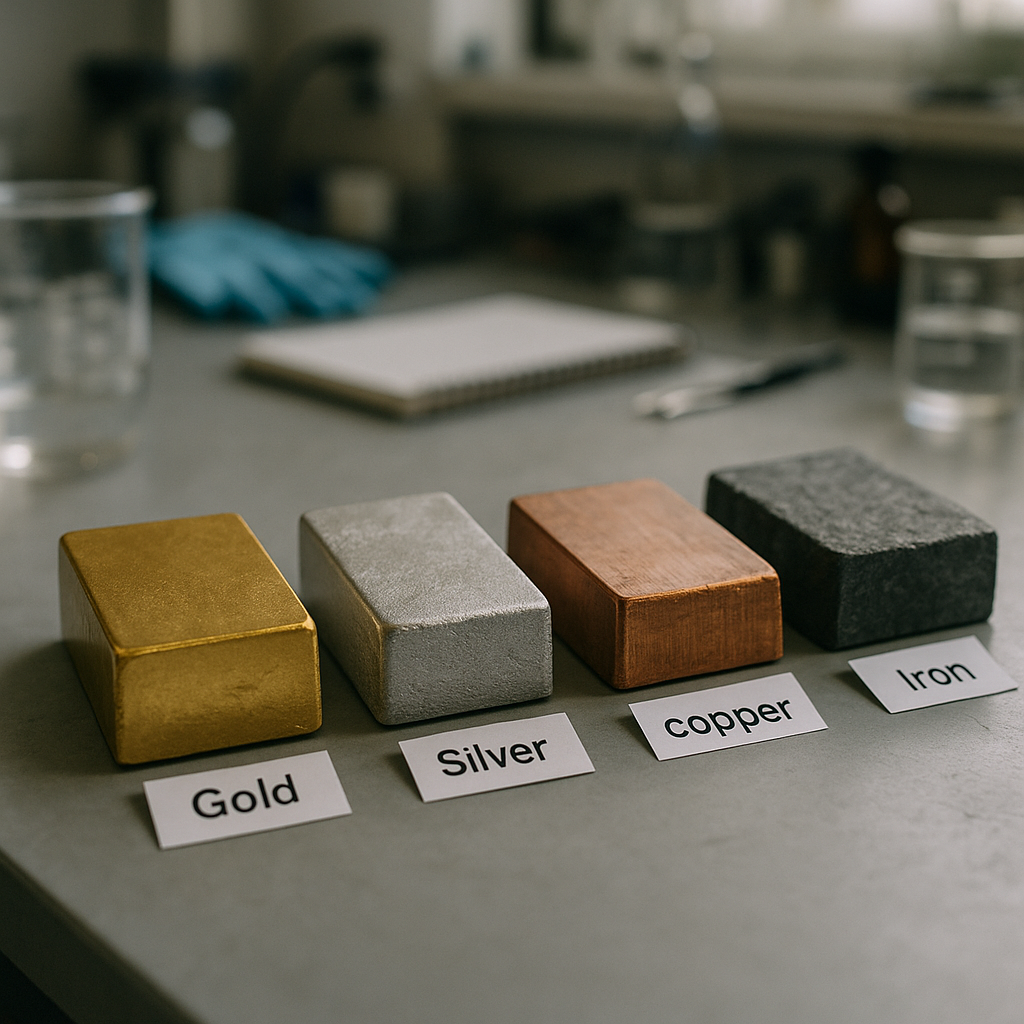 Display of Metal Samples in Laboratory Diverse metal samples including gold, silver, copper, and iron displayed in a laboratory setting.
