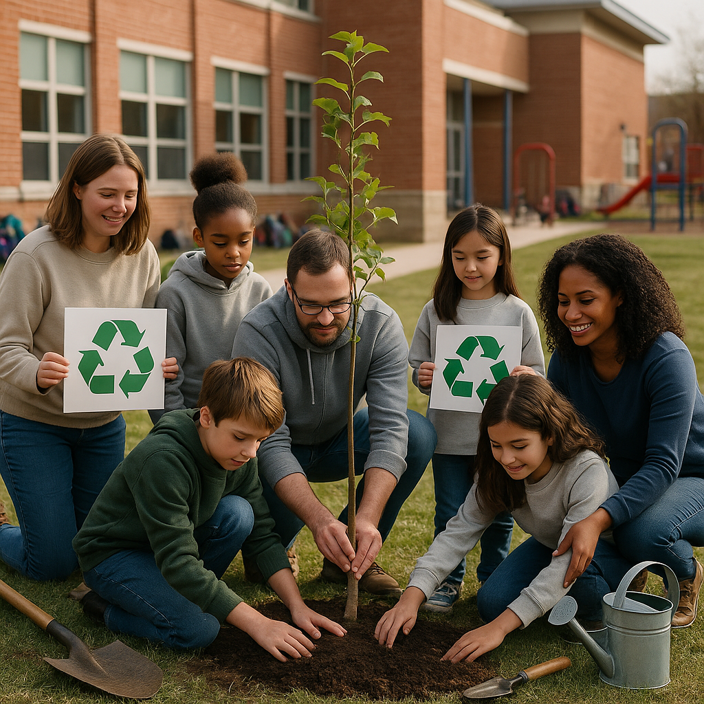 Diverse group of teachers and students planting a tree together outside school, holding recycling signs, hopeful and united atmosphere