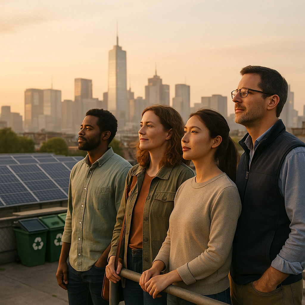 Hopeful Urban Sunrise with Diversity Diverse group of people looking at a city skyline with solar panels and recycling centers, hopeful expressions, sunrise lighting
