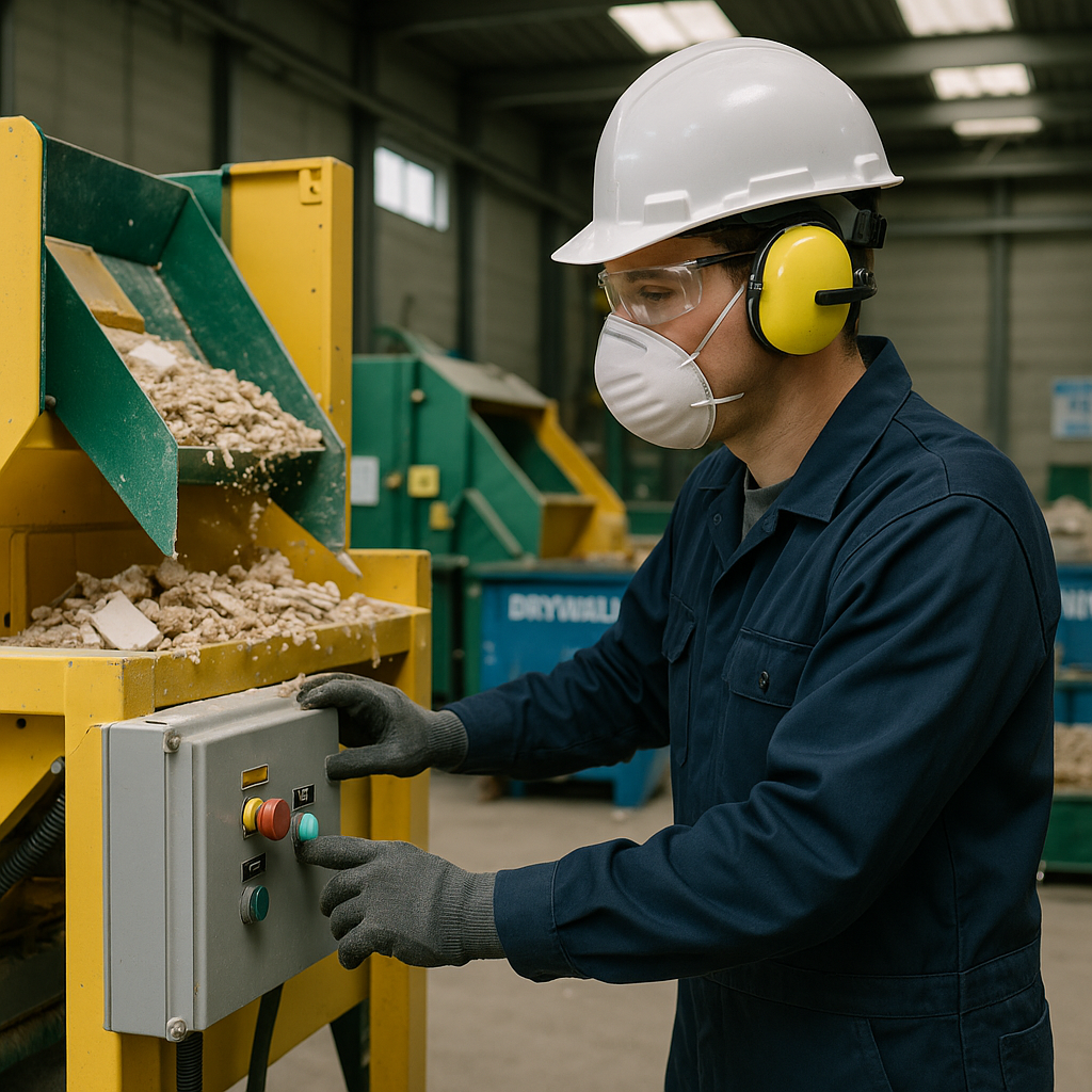 Drywall and Wood Recycling Operation Technician operating machinery to separate drywall and wood in a recycling facility, clean and organized environment, detailed textures