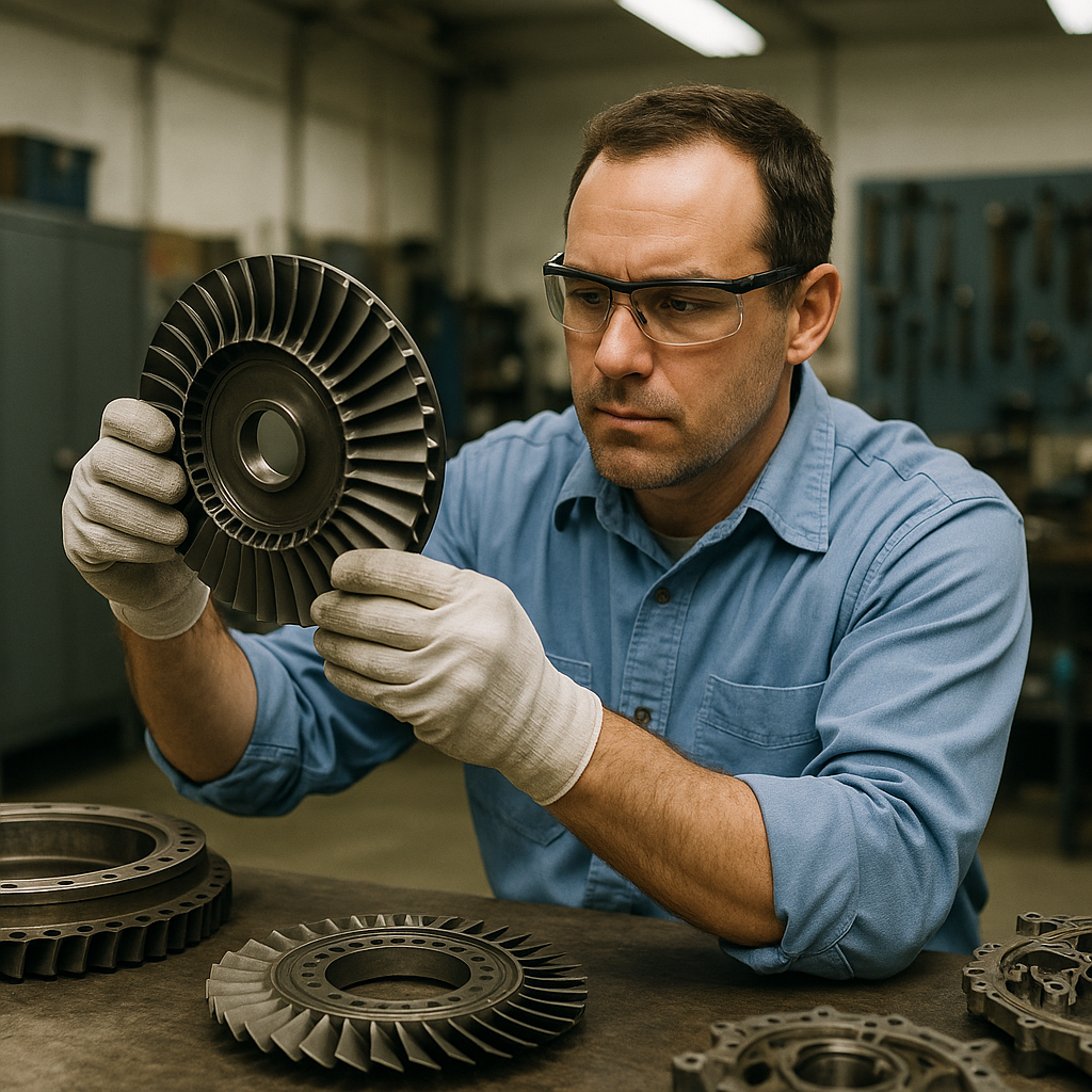 Jet Engine Alloy Examination Engineer examining alloy components of a jet engine, highlighting durability and performance.
