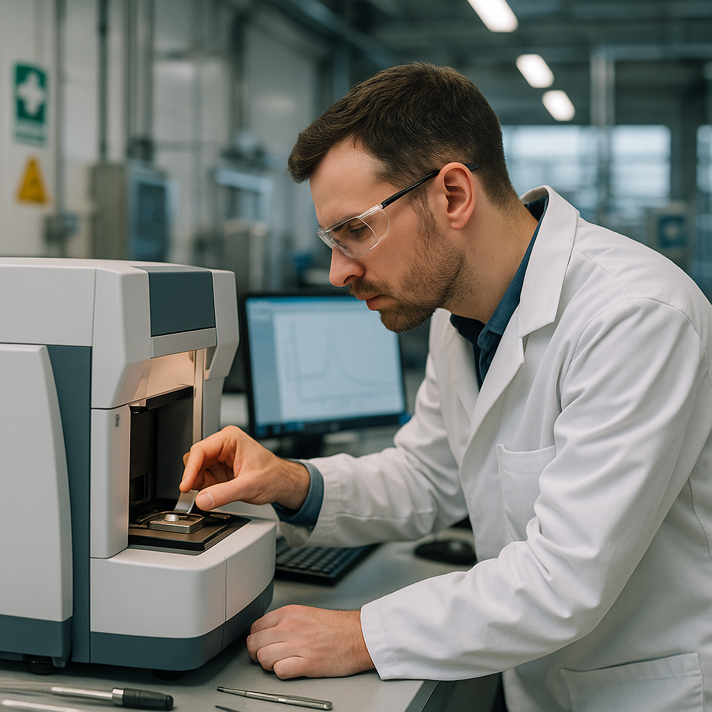 Metal Alloy Analysis with Spectroscopy Equipment Engineer analyzing metal alloy composition using advanced spectroscopy equipment in a high-tech facility.