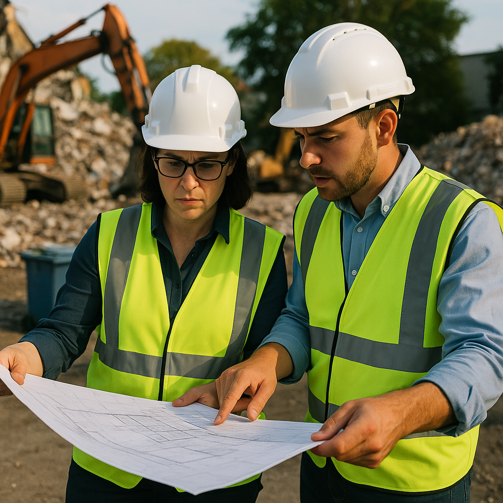 Engineers Reviewing Blueprints at Demolition Site Engineers in safety vests reviewing blueprints at a demolition site with machinery and recycling bins visible