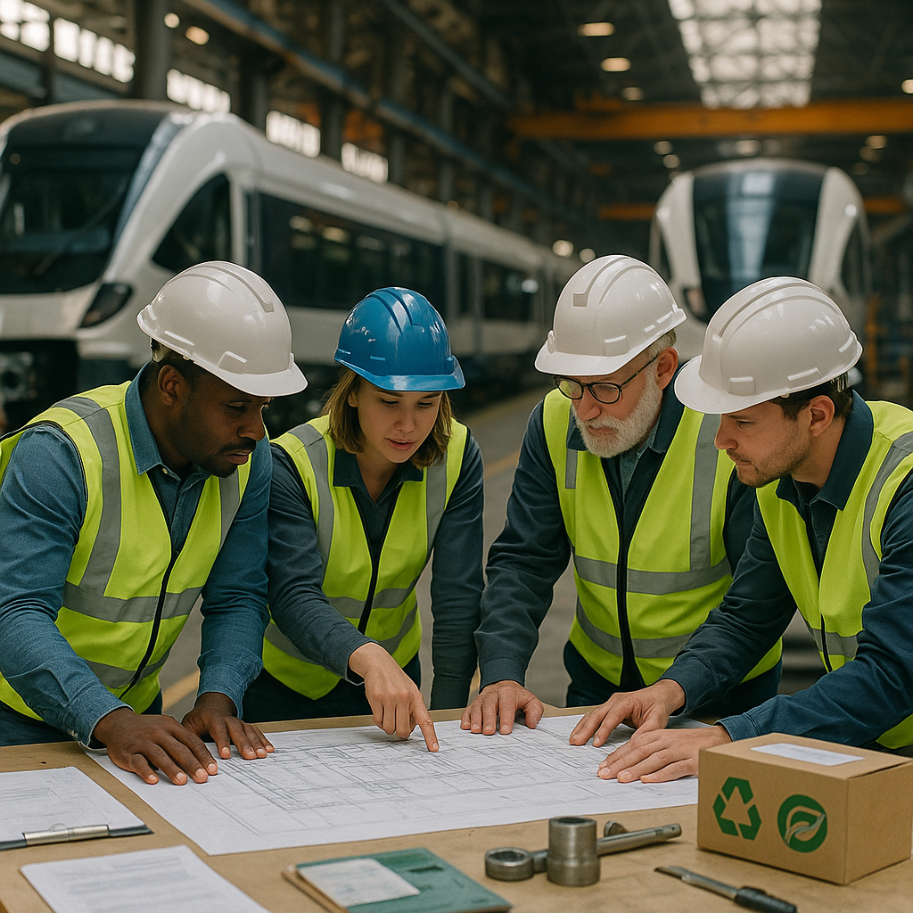 Engineers Reviewing Blueprints at Eco-Friendly Train Plant Engineers at a train manufacturing plant reviewing blueprints with recycled materials and eco-friendly logos in the background.
