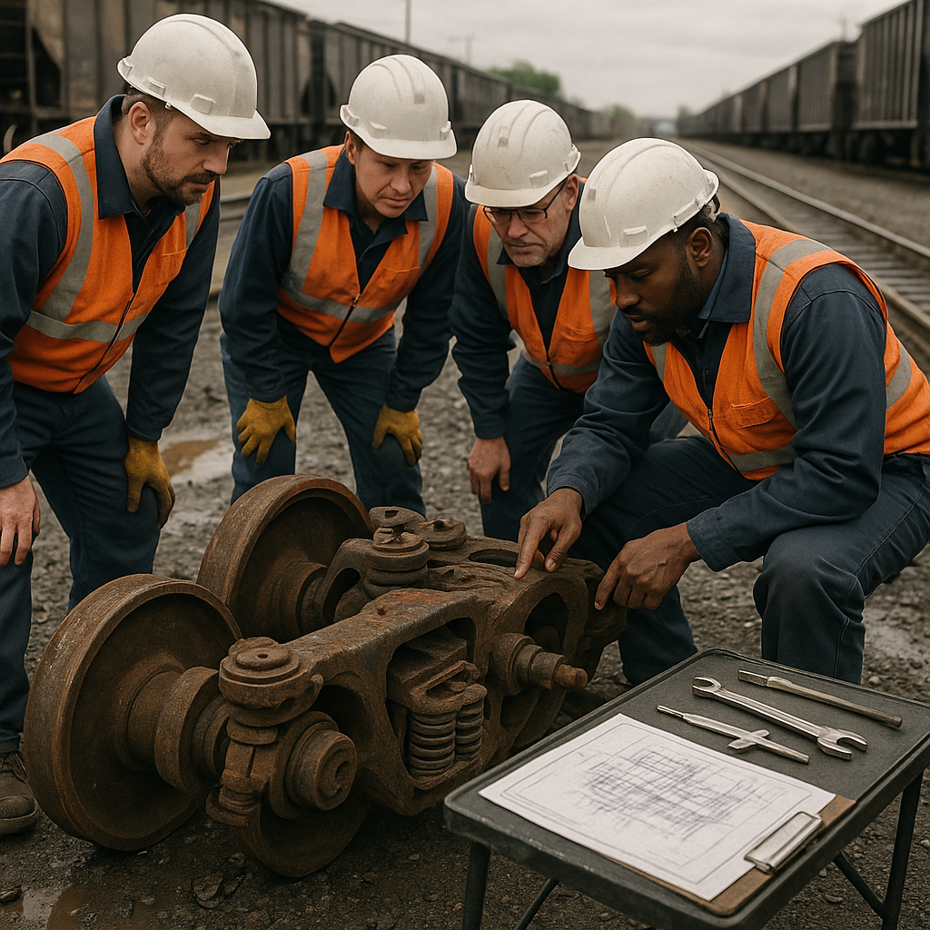 Engineers at Work on Train Wheels Engineers examining worn train wheels and rusted parts in a rail yard, with tools and technical diagrams visible under an overcast sky.