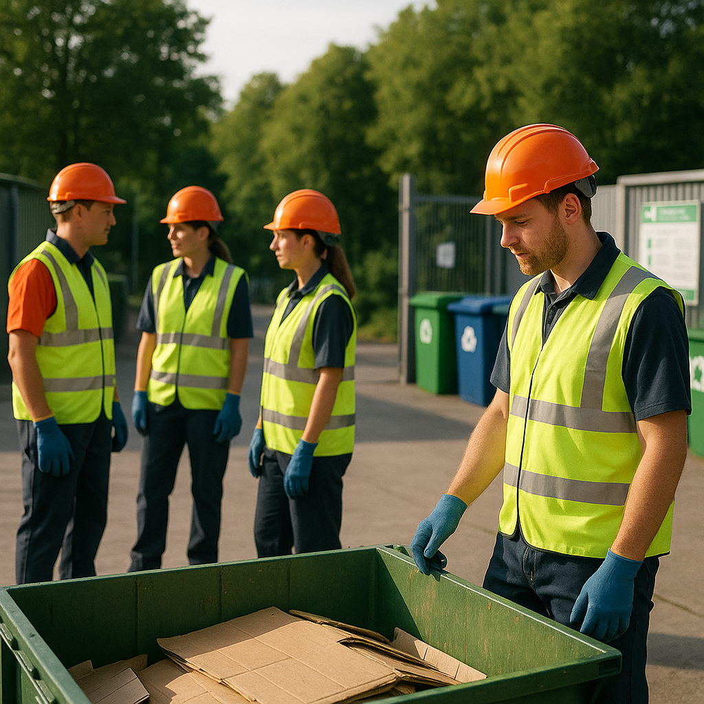 Eco-Friendly Recycling Facility Environmentally friendly recycling facility with reduced waste piles and lush green trees outside, featuring satisfied workers observing a clean site.