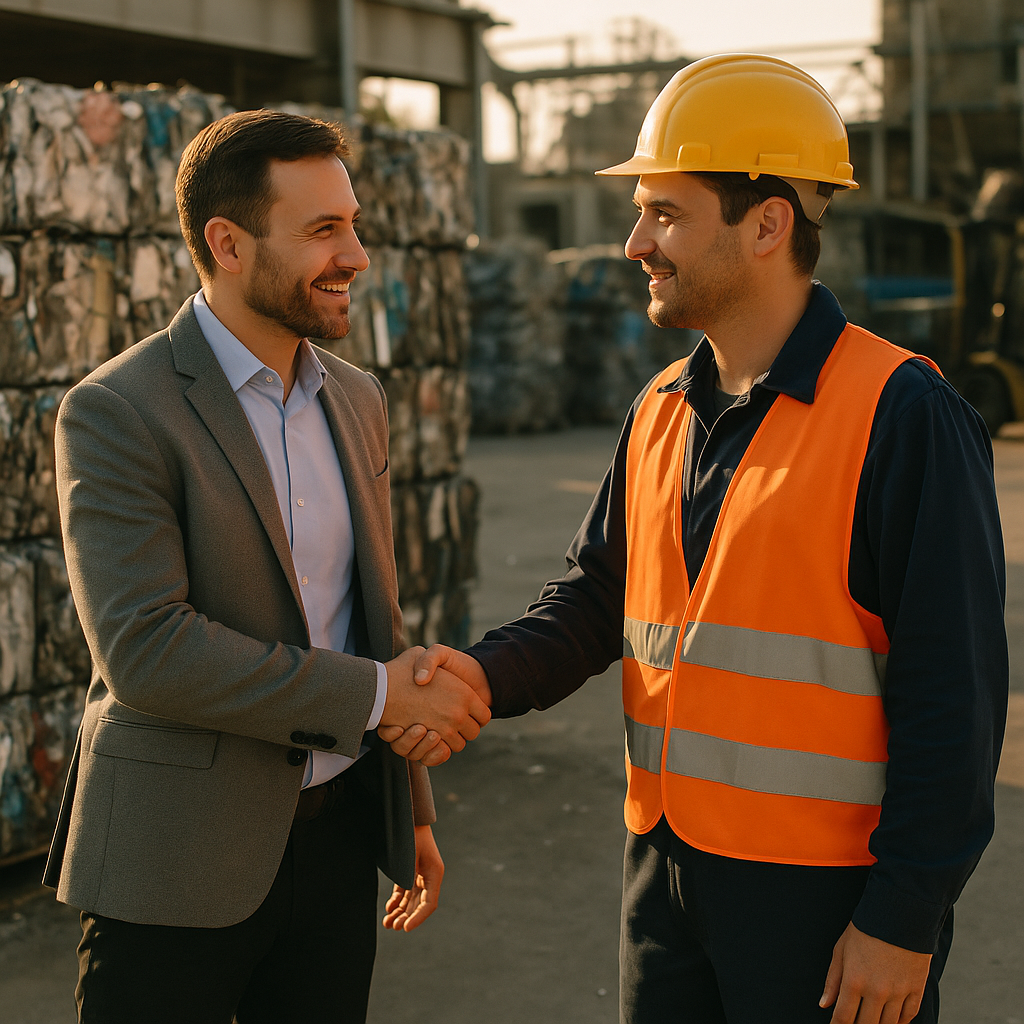 Factory Manager and Recycling Supervisor Collaboration Factory manager shaking hands with recycling facility supervisor near bales of sorted scrap metal in an industrial setting, representing collaboration.