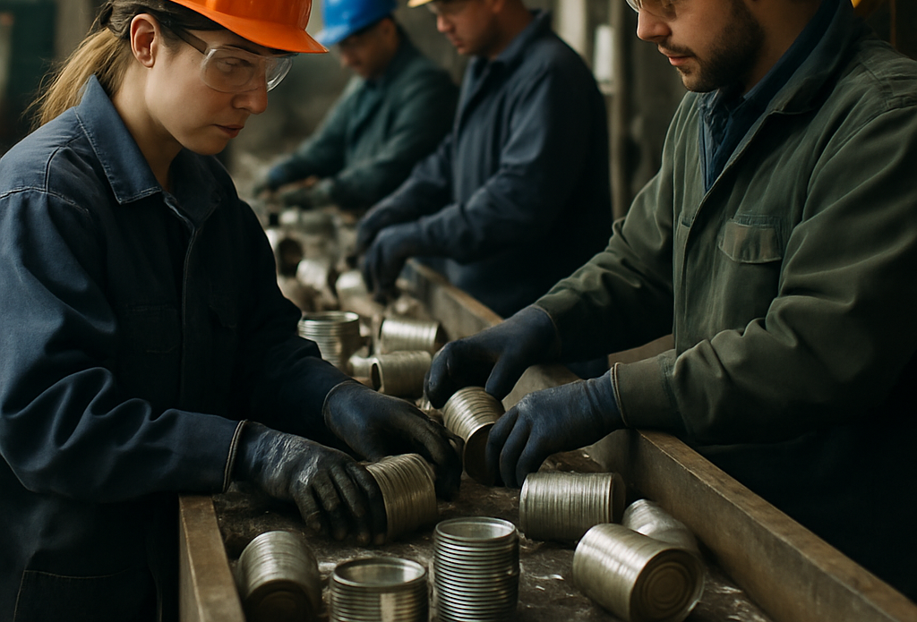 Factory workers sorting and processing tin cans on a recycling conveyor belt in an industrial setting.