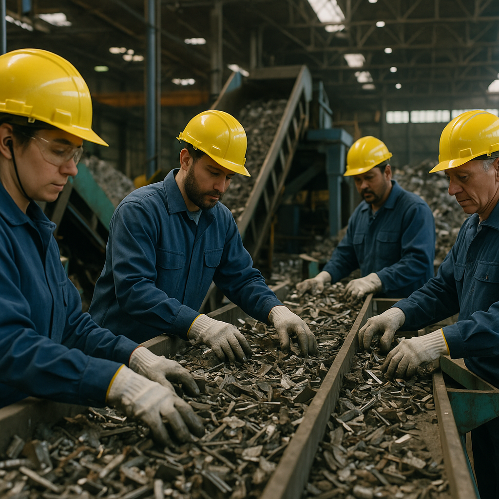 Factory Workers Sorting Scrap Metal Factory workers sorting scrap metal at a recycling facility, with conveyor belts and machinery processing metal, wearing safety gear in an organized workflow.