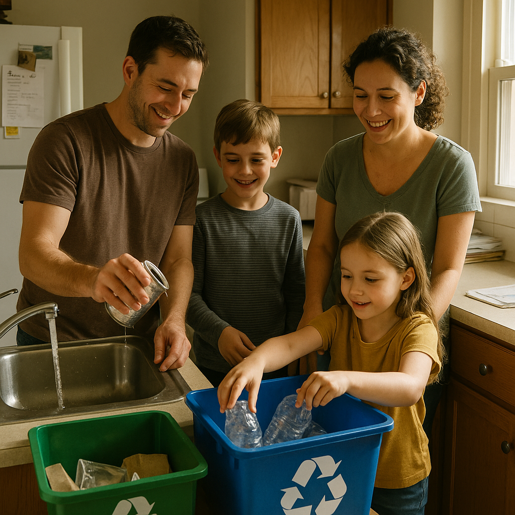 Family in the kitchen rinsing cans and sorting recyclables together, cheerful atmosphere.