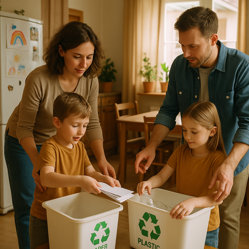 Family Recycling Effort Family setting up separate recycling containers in a cozy home with children helping enthusiastically.