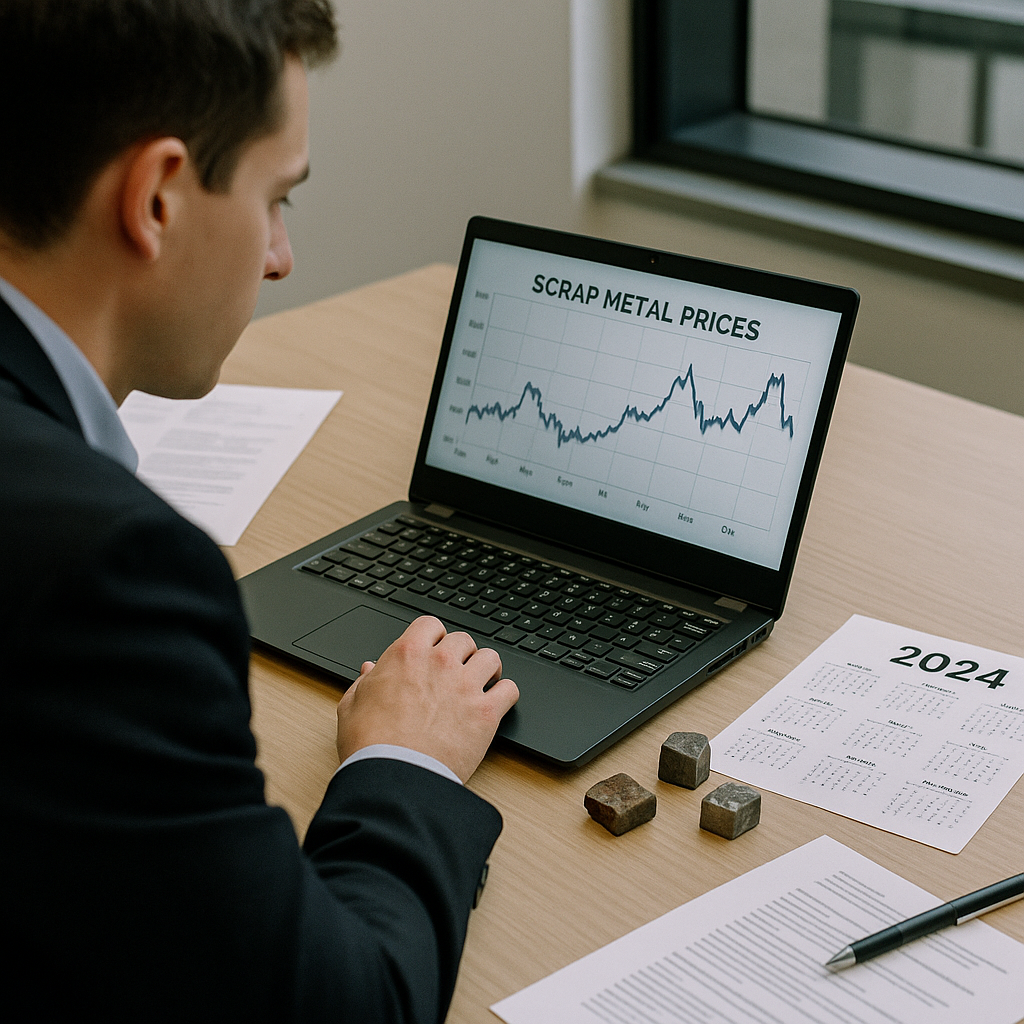Financial analyst reviewing graph charts of scrap metal prices on a laptop with a 2024 calendar and metal samples on the desk, under realistic office lighting.