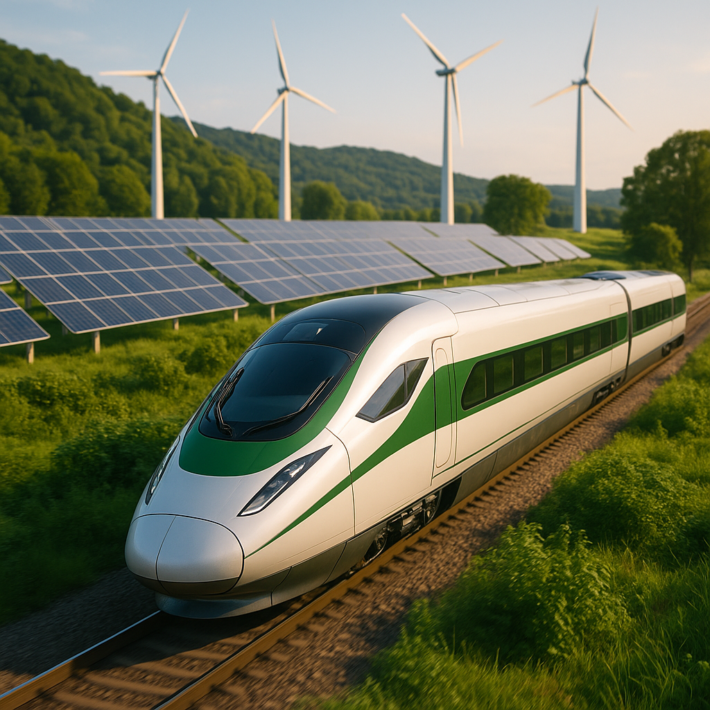 Futuristic Eco-Friendly Train in Sustainable Landscape Futuristic eco-friendly train in a lush landscape with solar panels and wind turbines, symbolizing sustainable progress.