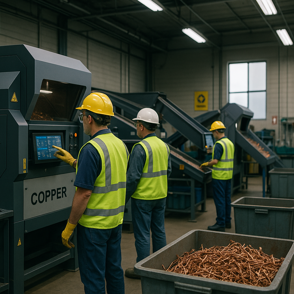 Futuristic Recycling Facility Futuristic recycling facility with automated copper sorting machines and workers monitoring the process.
