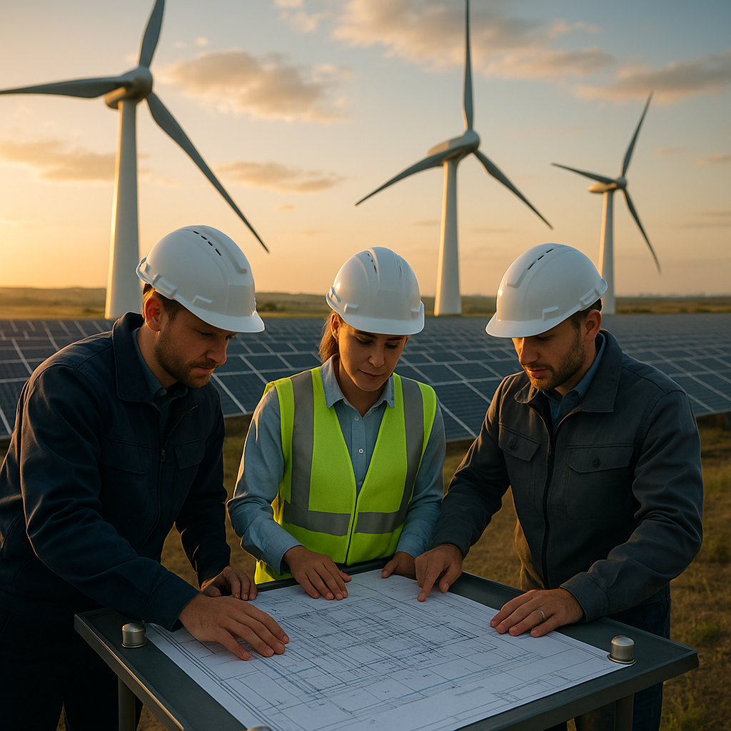 Futuristic Renewable Energy Landscape Futuristic renewable energy landscape with advanced wind turbines and solar arrays, engineers studying blueprint with industrial magnets in foreground, optimistic sunset lighting