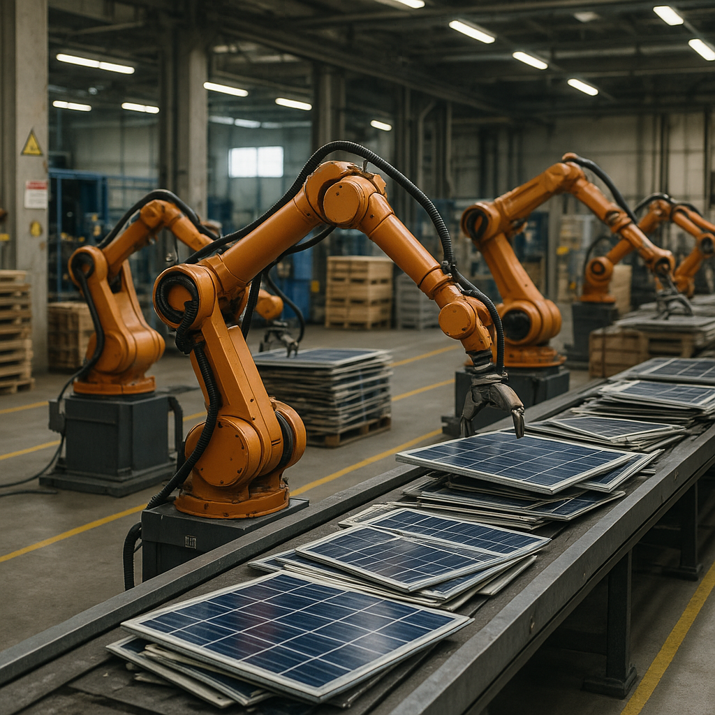 Futuristic Automated Solar Panel Recycling Line Futuristic automated solar panel recycling line with robotic arms and conveyor belts