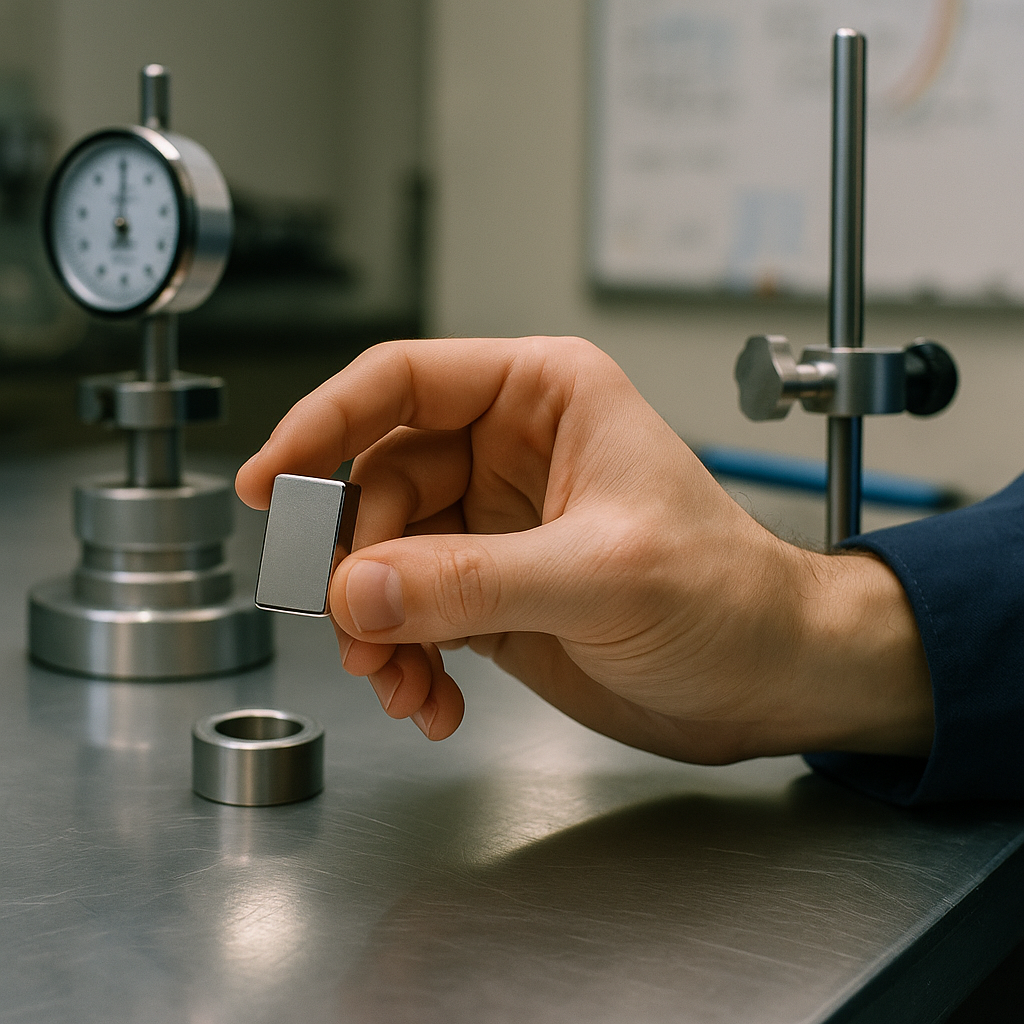 Hand Holding Samarium Cobalt Magnet in Laboratory Close-up of a hand holding a shiny samarium cobalt magnet next to scientific equipment in a laboratory setting.
