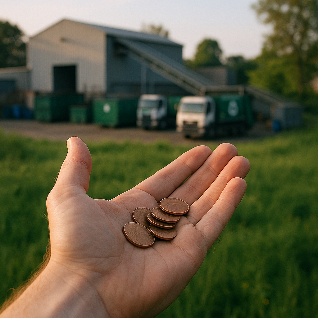 Copper Coins and Recycling Plant Hand holding copper coins in foreground with recycling plant and green surroundings in background.