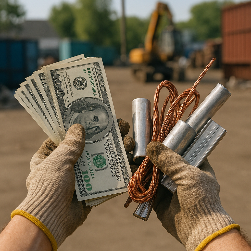 Hands holding cash and various valuable scrap metal pieces with recycling bins and an industrial yard in the background.