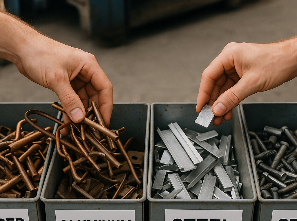 Close-up of hands sorting copper, aluminum, and steel pieces into labeled bins with price tags visible.